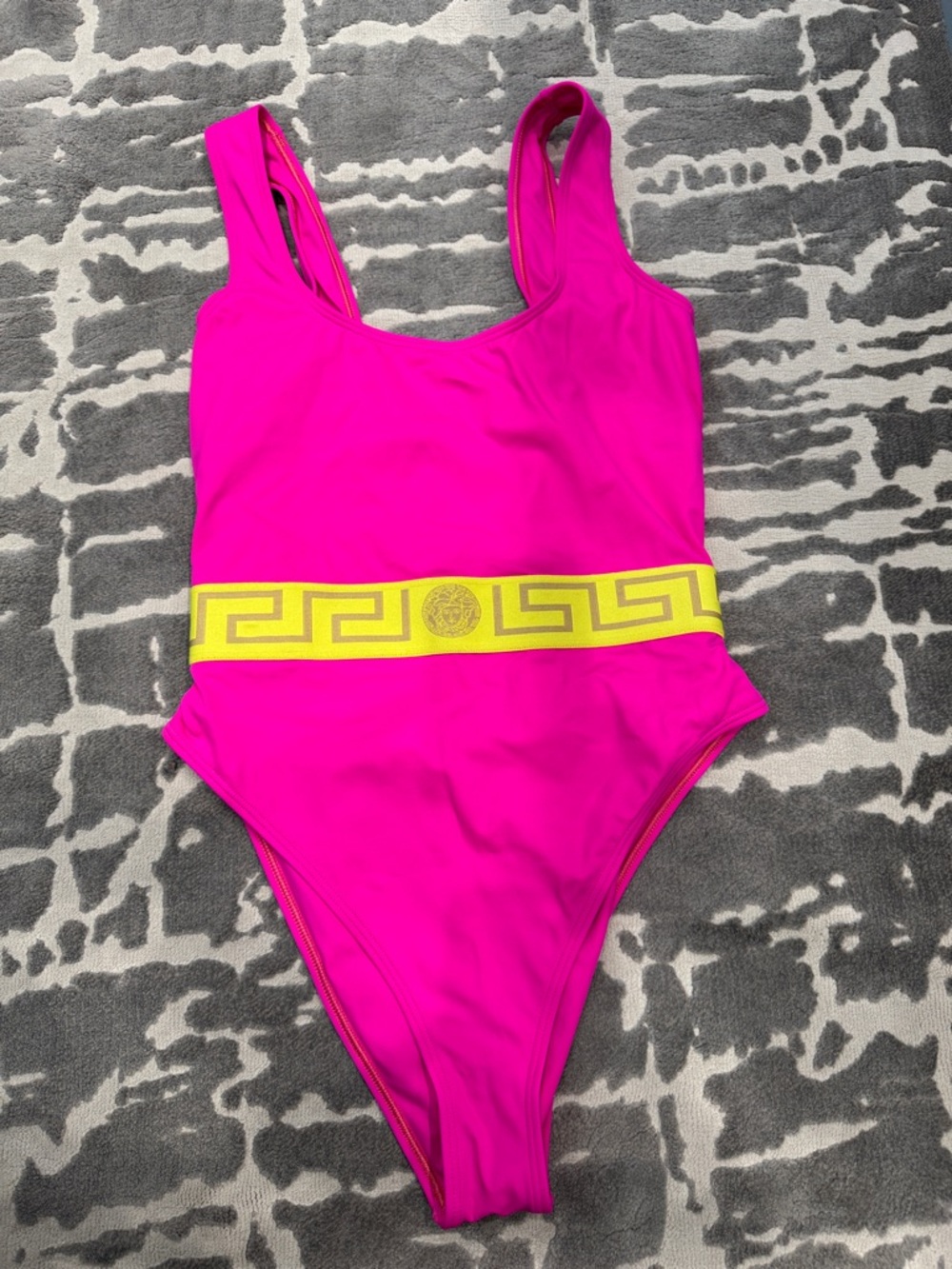 Versace Hot Pink  One-Piece Swimsuit with Yellow Medusa Waistband, worn once